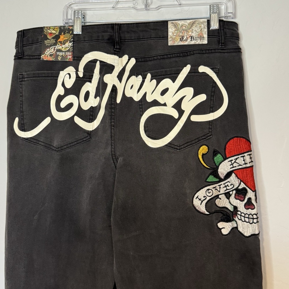 Ed Hardy Denim Jeans Mens 34x32 Faded Black Wide Leg Love Kills Slowly Skull